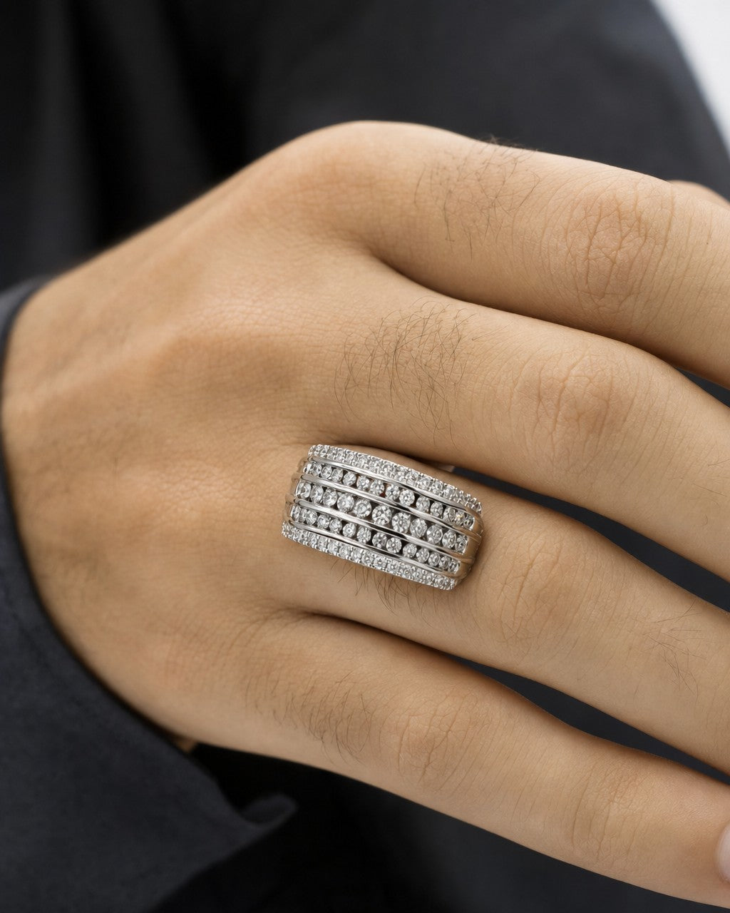 Male model wearing 10K Pave Row Diamond Ring