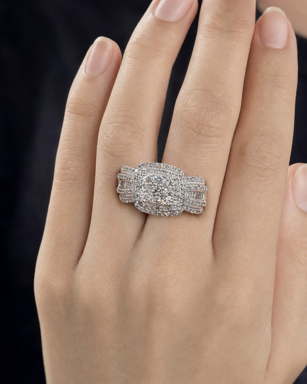 Female model wearing 10K Large Stone Center Diamond Halo Engagement Ring