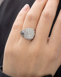 Female model wearing 10K Rectangle Halo Diamond Baguette Engagement Ring