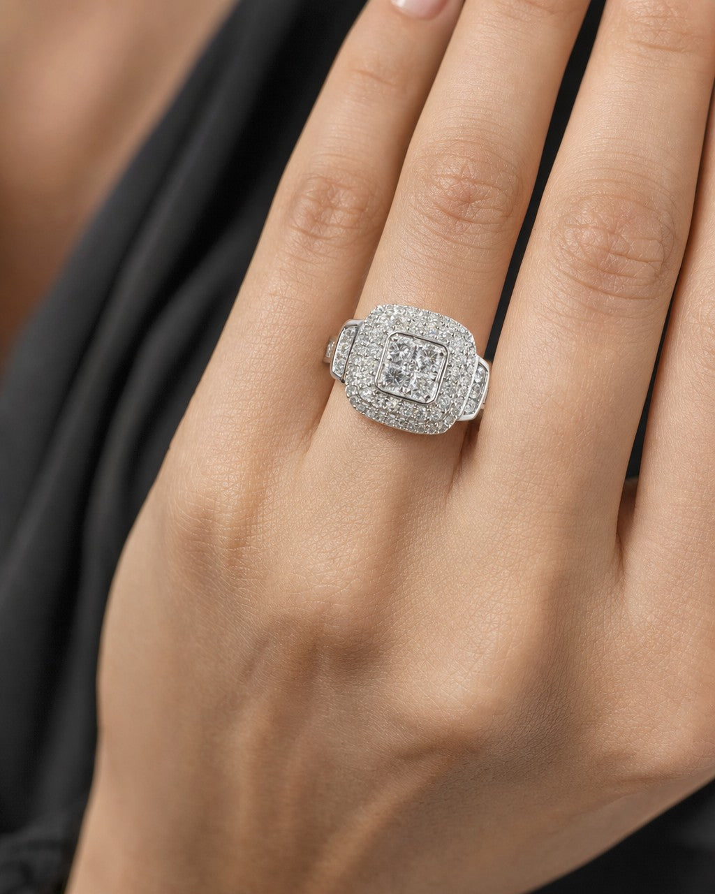 Female model wearing 10K Large Stone Center Diamond Square Halo Engagement Ring