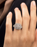Female model wearing 10K Circle Square Halo Diamond Engagement Ring