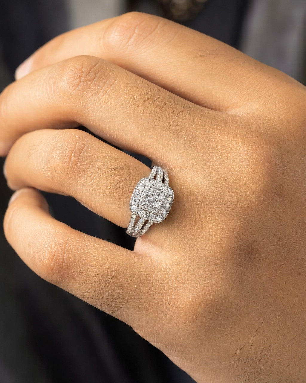 Male model wearing 10K Rounded Square Diamond Ring