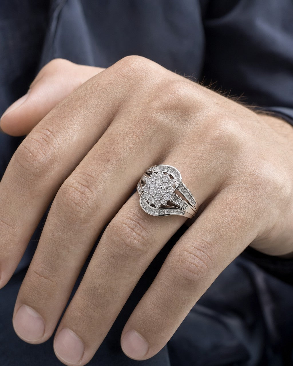 Male model wearing 10K Flower Ribbon Diamond Baguette Ring