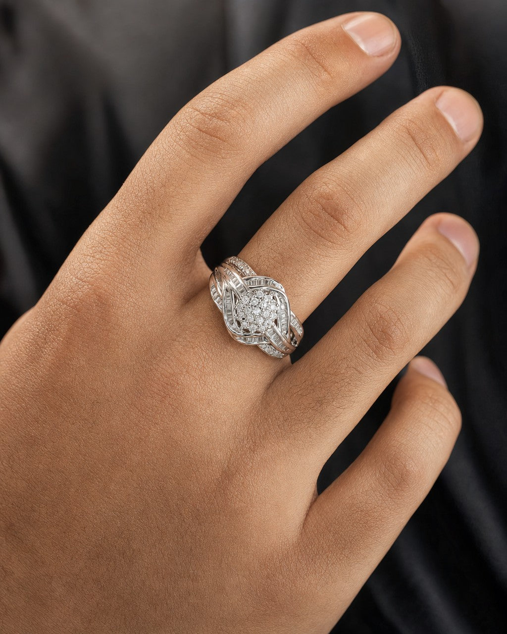 Male model wearing 10K Flower Ribbon Diamond Baguette Ring