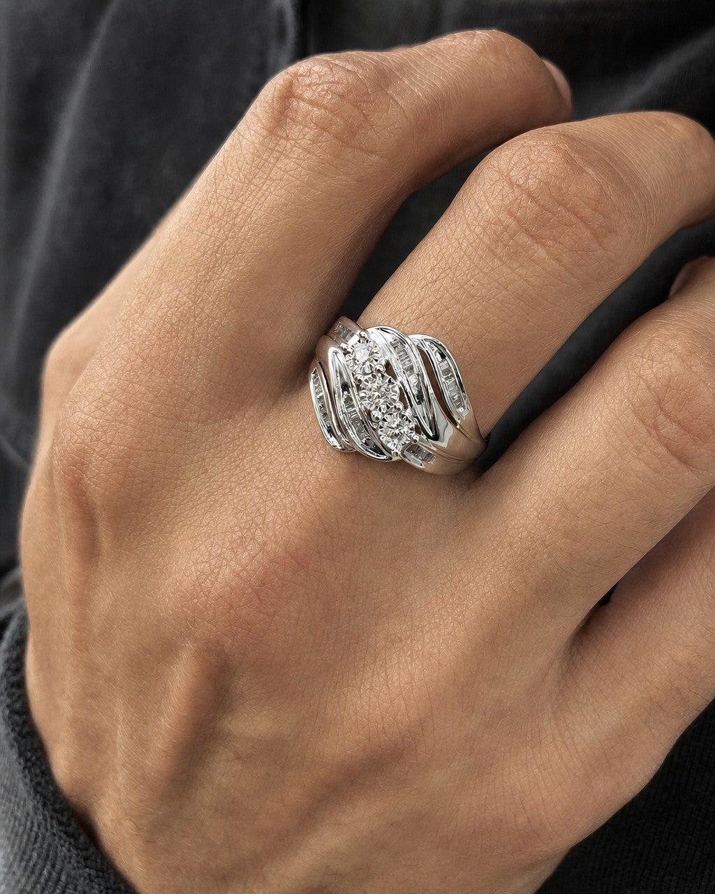 Male model wearing 10K Diamond Ring Ribbon Baguette Ring
