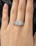Female model wearing 10K Square Halo Diamond Ring