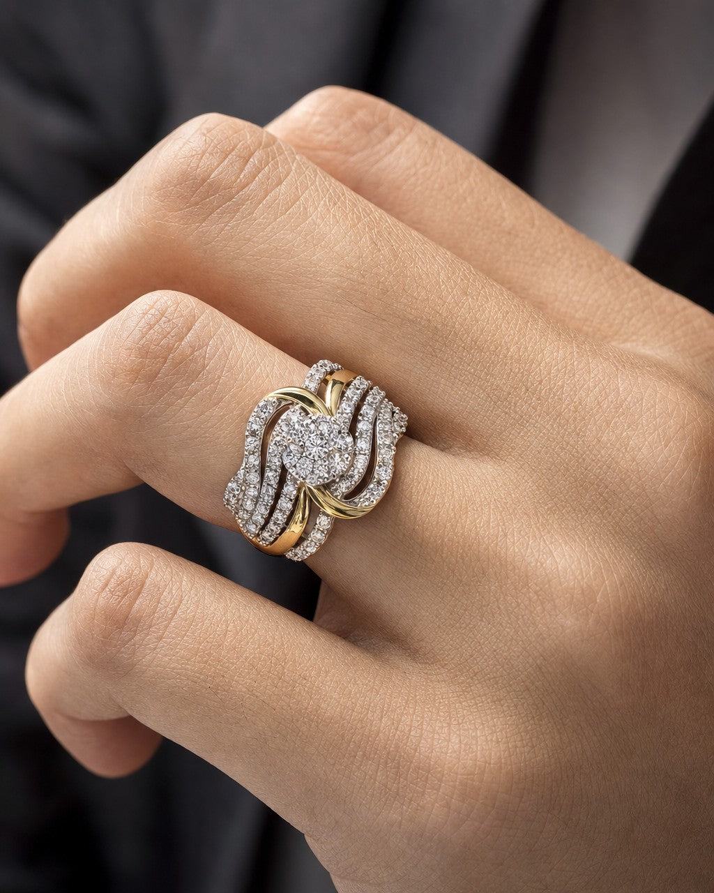 Male model wearing 10k Ribbon Diamond Flower Ring