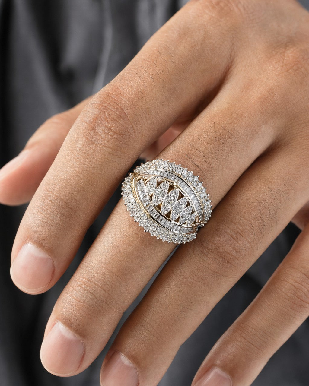 Male model wearing 10K Cluster Diamond Baguette Ring