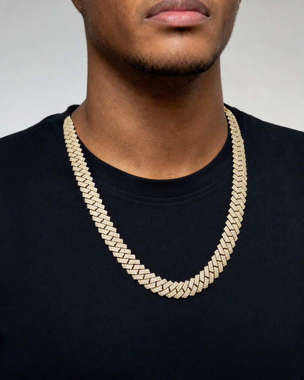 Male model wearing 10K 12MM Cuban Link Diamond Chain 22"