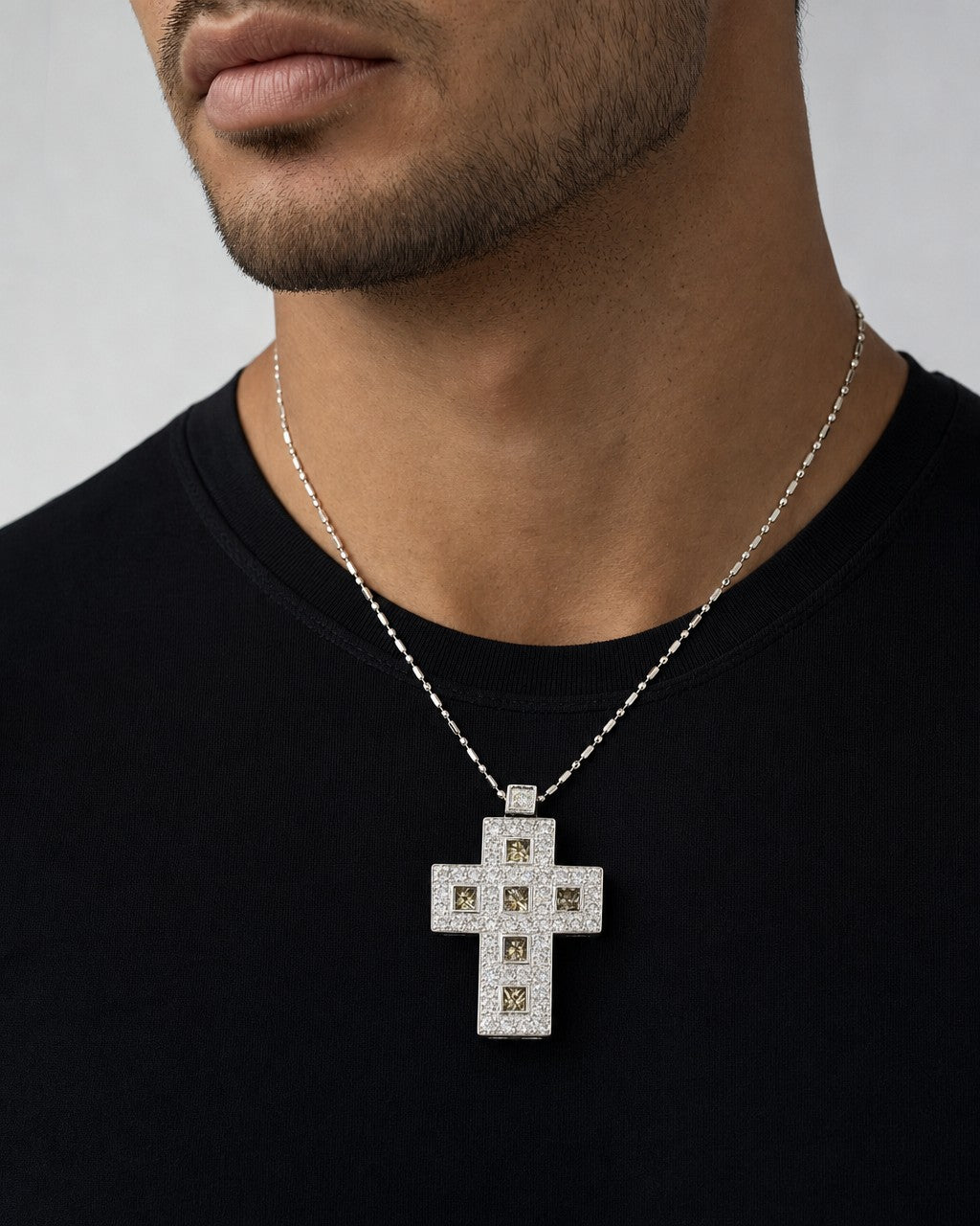 Male model wearing 14K Cross Diamond Pendant Necklace