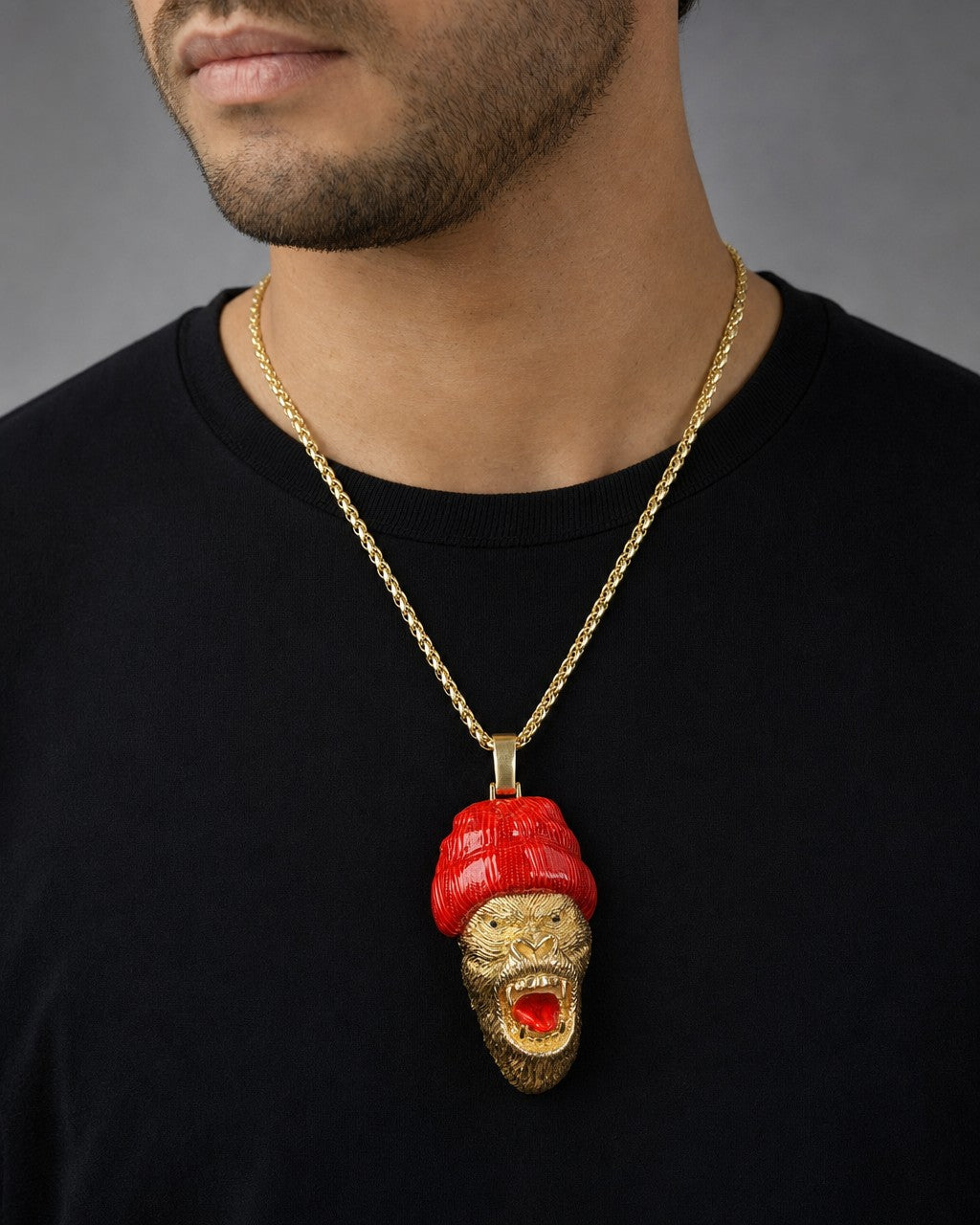 Male model wearing 14K Beast Gorilla Pendant
