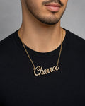Male model wearing Custom Name Plate Diamond Pendants