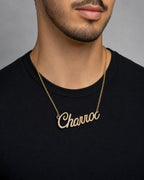 Male model wearing Custom Name Plate Diamond Pendants