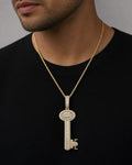 Male model wearing 14K Treasure Key Diamond Baguette Pendant