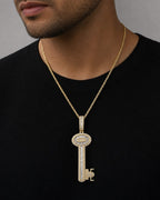 Male model wearing 14K Treasure Key Diamond Baguette Pendant