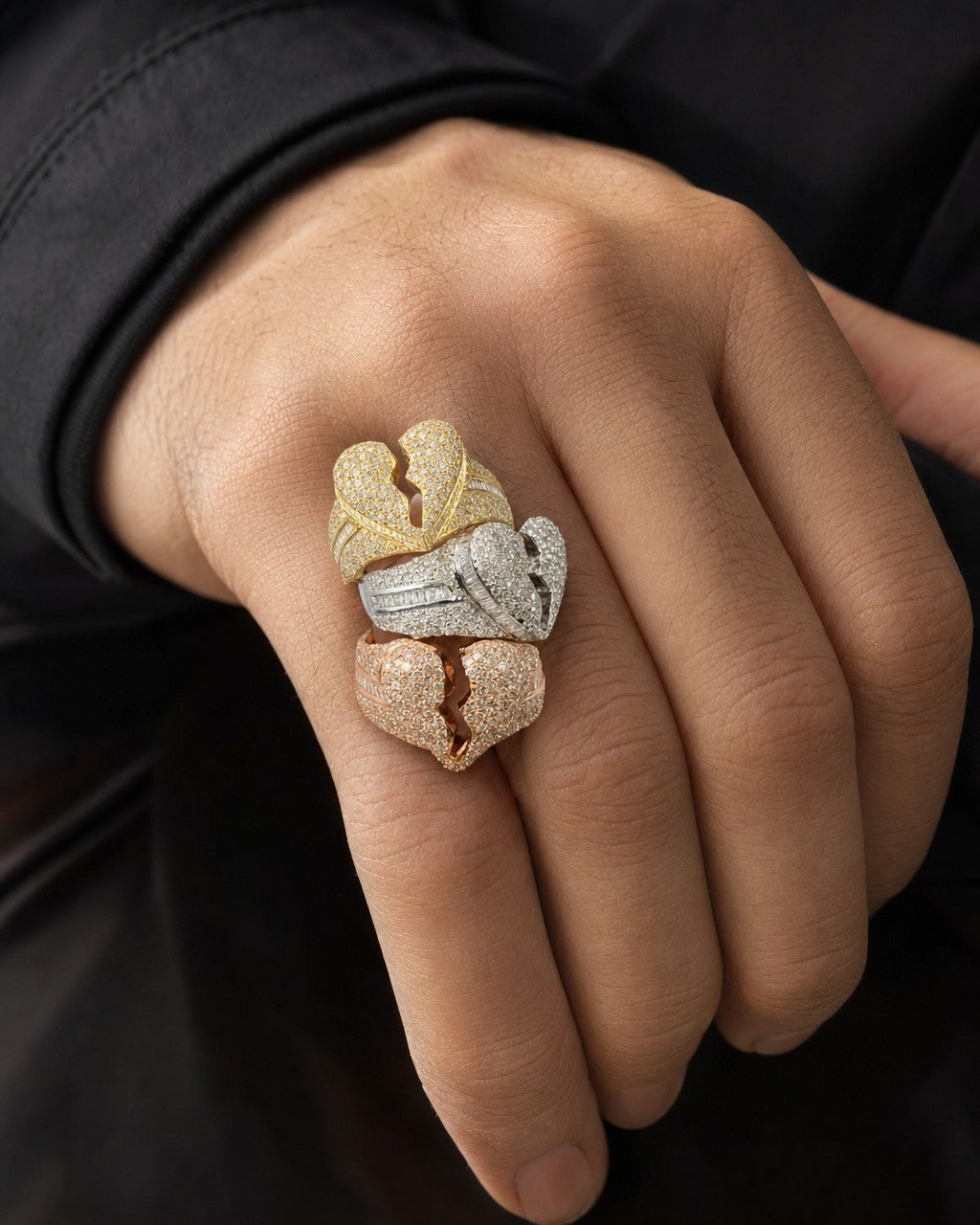 Male model wearing 14K Broken Heart Diamond Baguette Ring