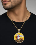Male model wearing 10K Saint Michael Circle Enamel Diamond Pendant
