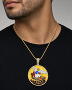 Male model wearing 10K Saint Michael Circle Enamel Diamond Pendant