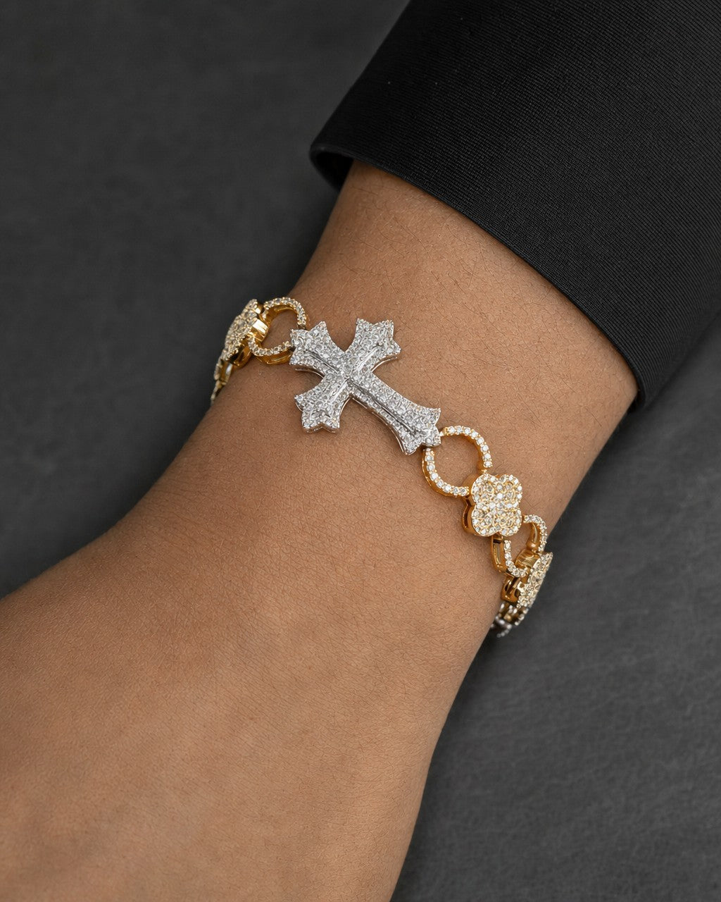 Male model wearing 10K Chronicle Cross Diamond Bracelet