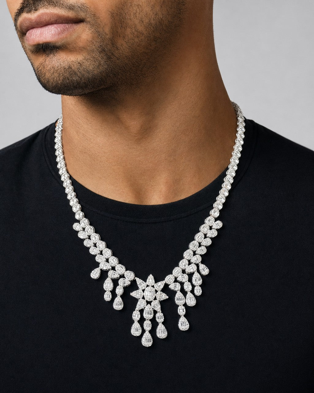 Male model wearing 14K Sunburst Diamond Necklace