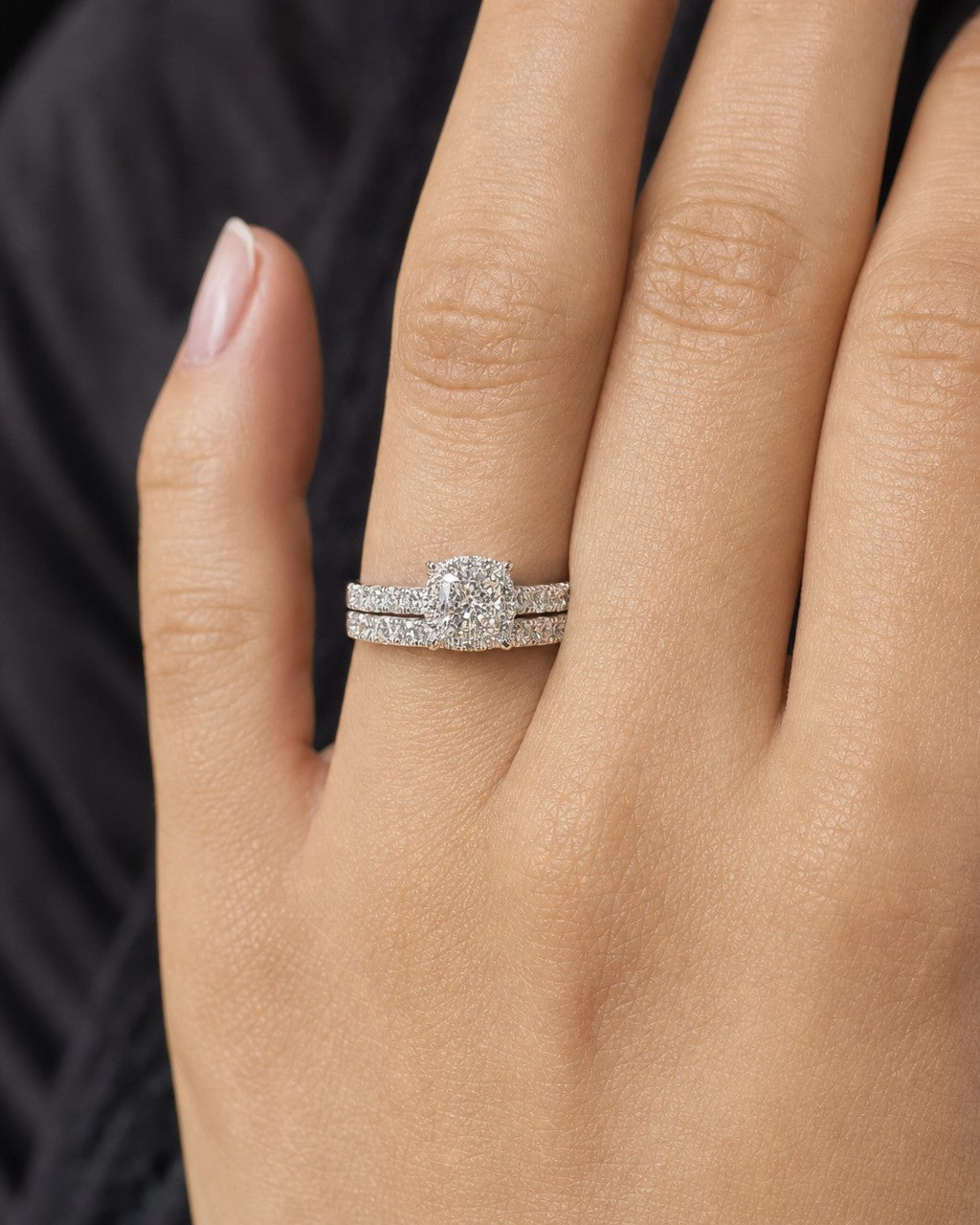 Female model wearing 14K Barbie Circle Diamond Engagement Ring