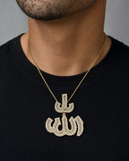 Male model wearing 14K Allah Diamond Baguette Pendant