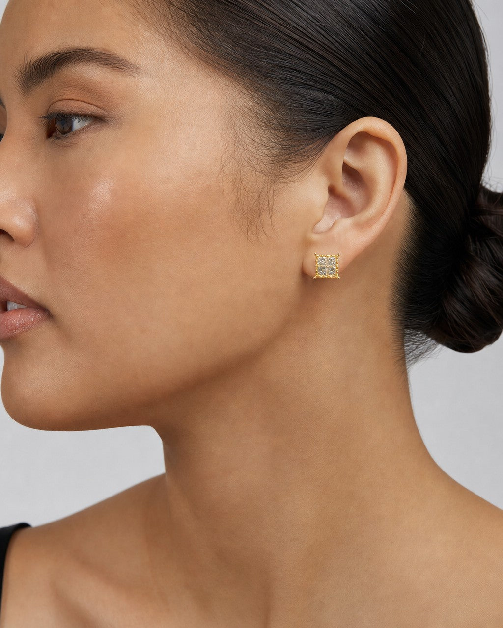 Female model wearing 14K Masterpiece Square Diamond Earrings