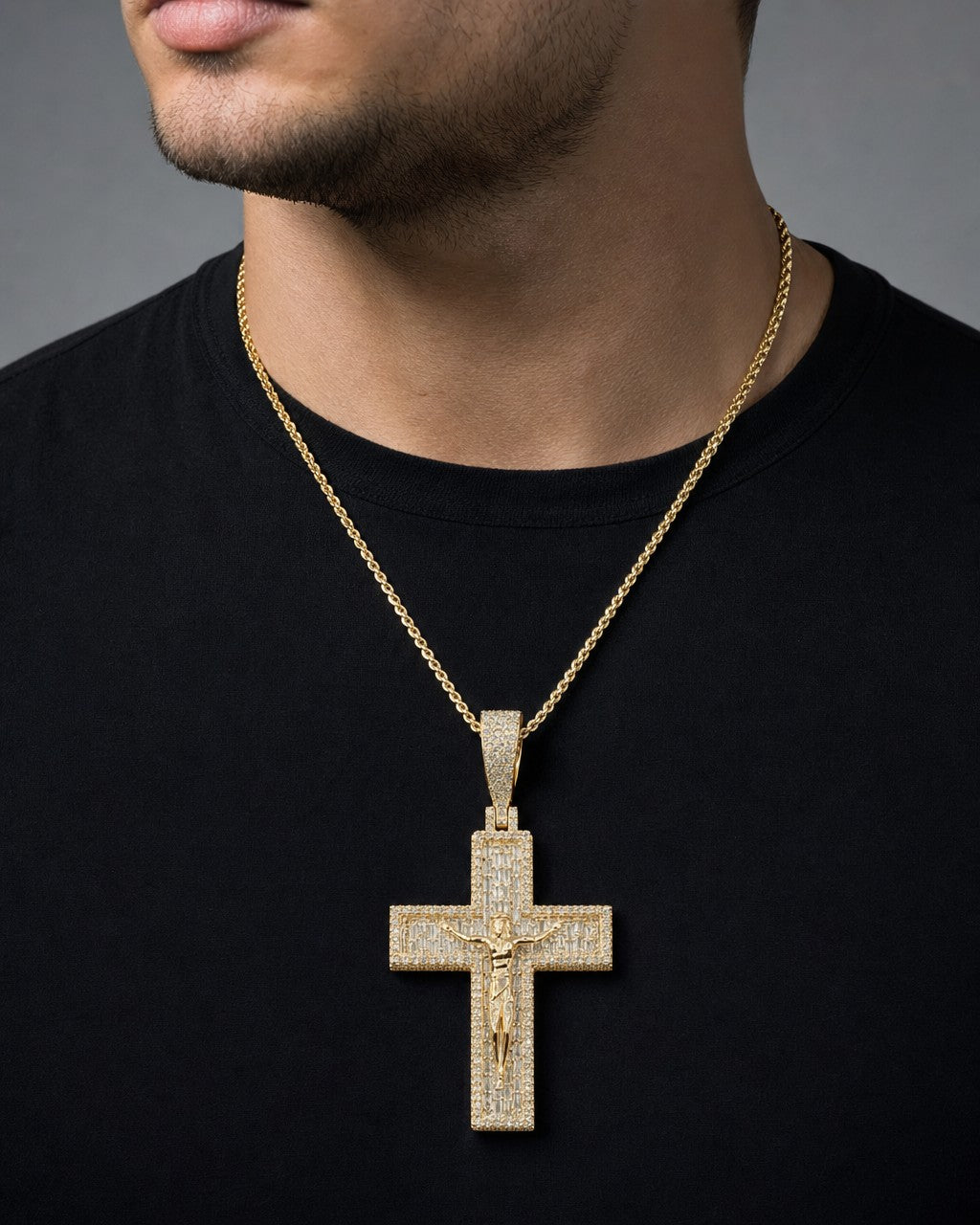 Male model wearing 14K Sunday Cross Diamond Pendant