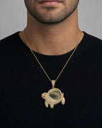 Male model wearing 10K Elephant Turtle Animal Picture Photo Diamond Pendant