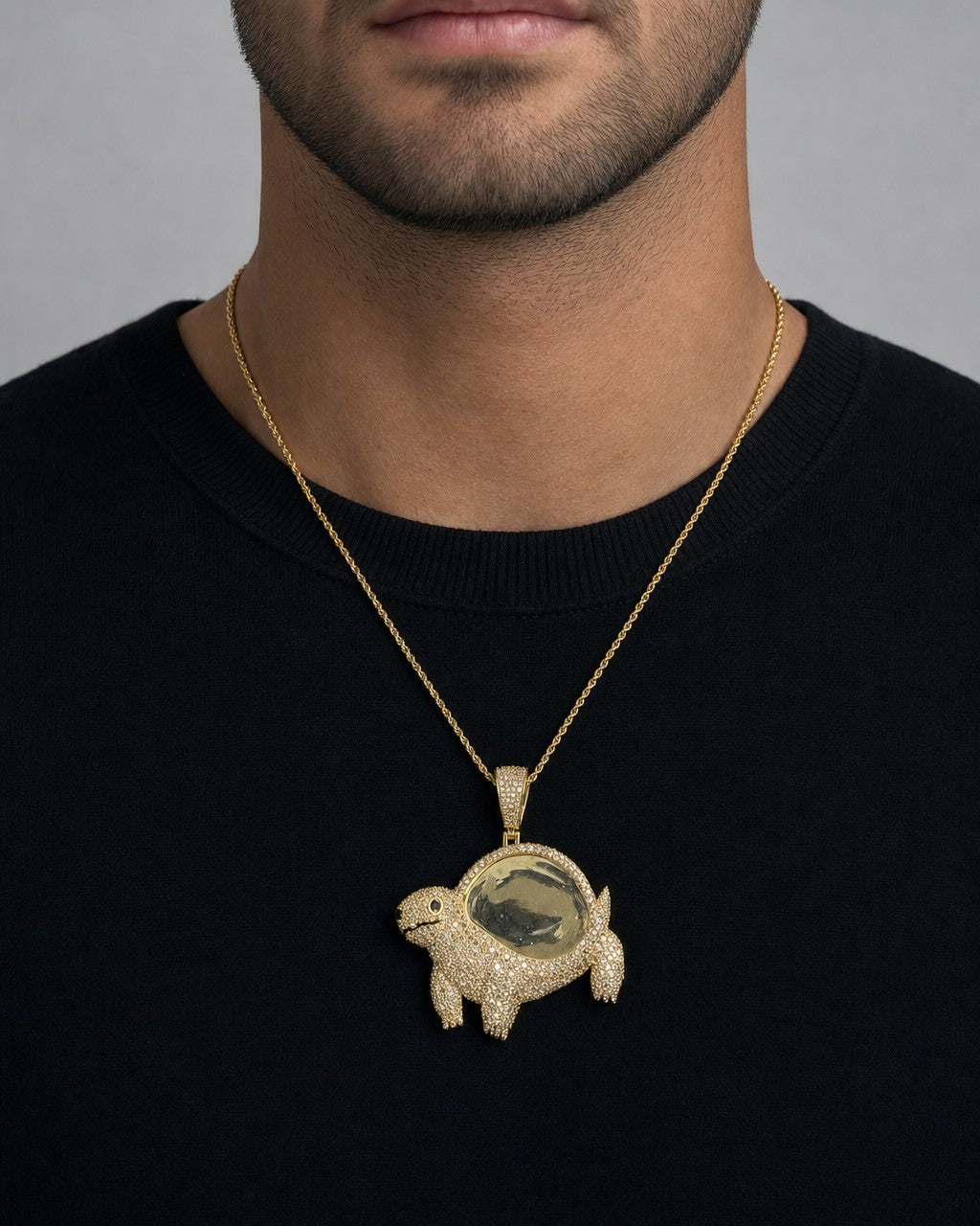 Male model wearing 10K Elephant Turtle Animal Picture Photo Diamond Pendant