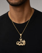 Male model wearing 14K Allah Diamond Pendant