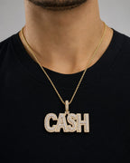 Male model wearing 10K Custom "Cash" Name Diamond Pendant