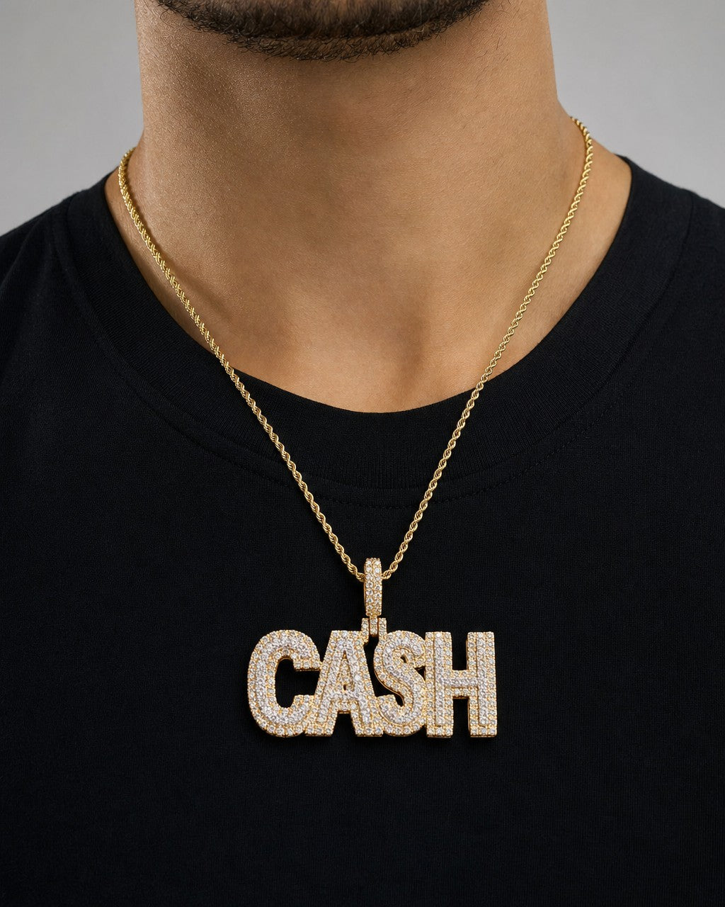 Male model wearing 10K Custom "Cash" Name Diamond Pendant