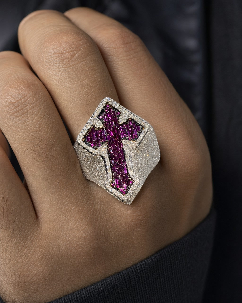 Male model wearing 14K Royal Cross Chrome Diamond Baguette Ring