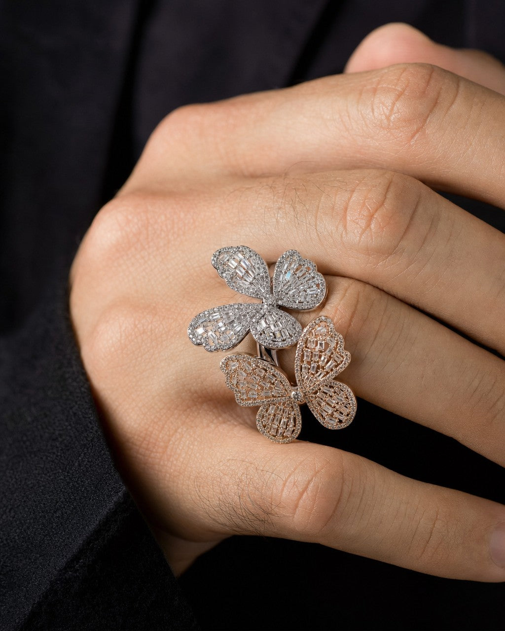 Male model wearing 14K Jumbo Butterfly Diamond Ring