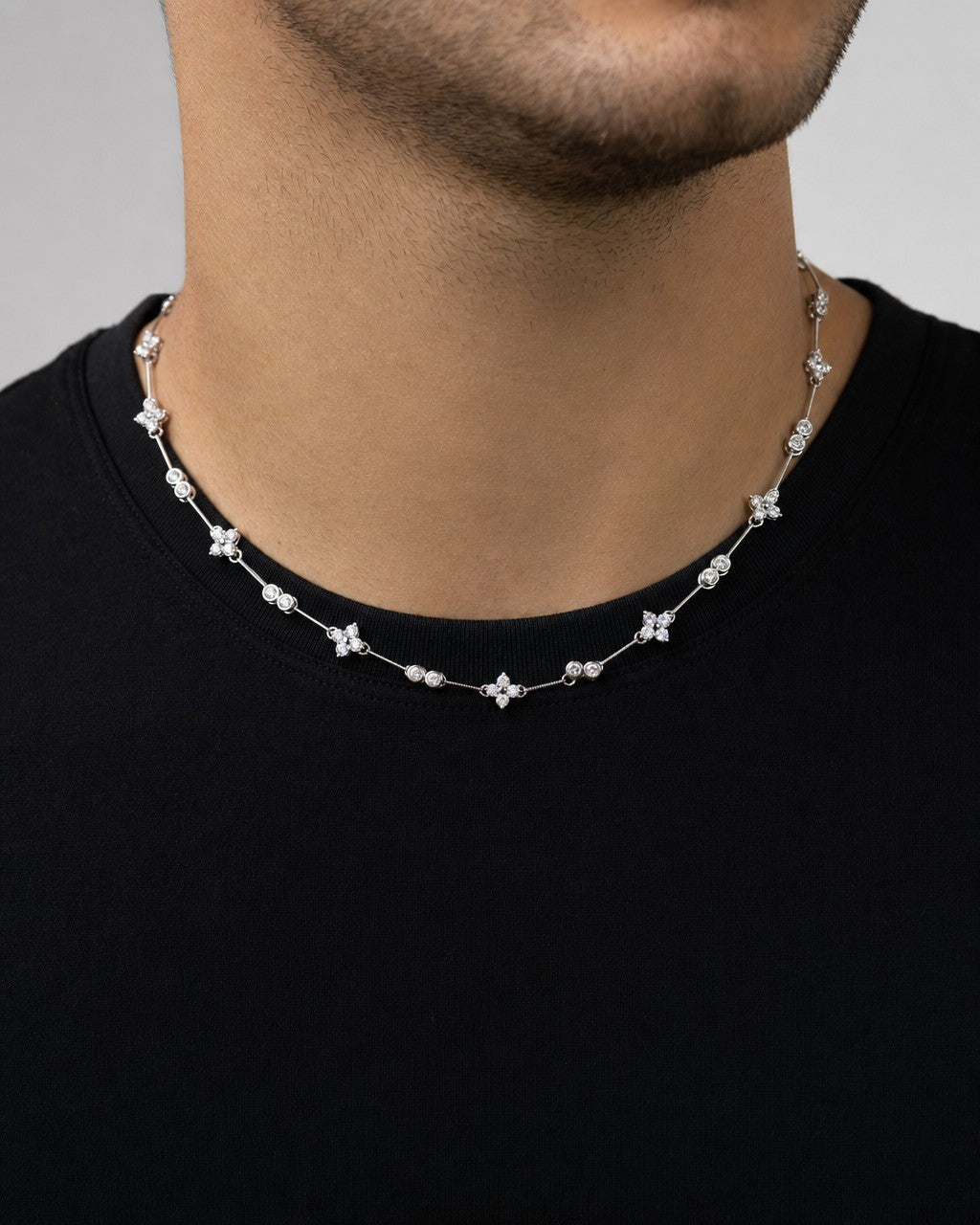 Male model wearing 14K Clover Diamond Necklace 18"