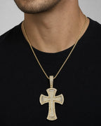 Male model wearing 10K Reed Cross Diamond Pendant