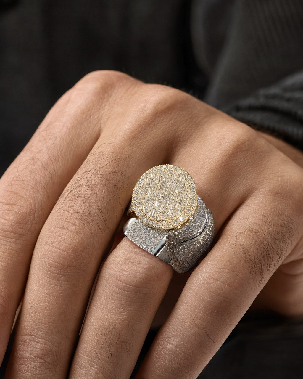 Male model wearing 14K 22.3M Circle Diamond Ring
