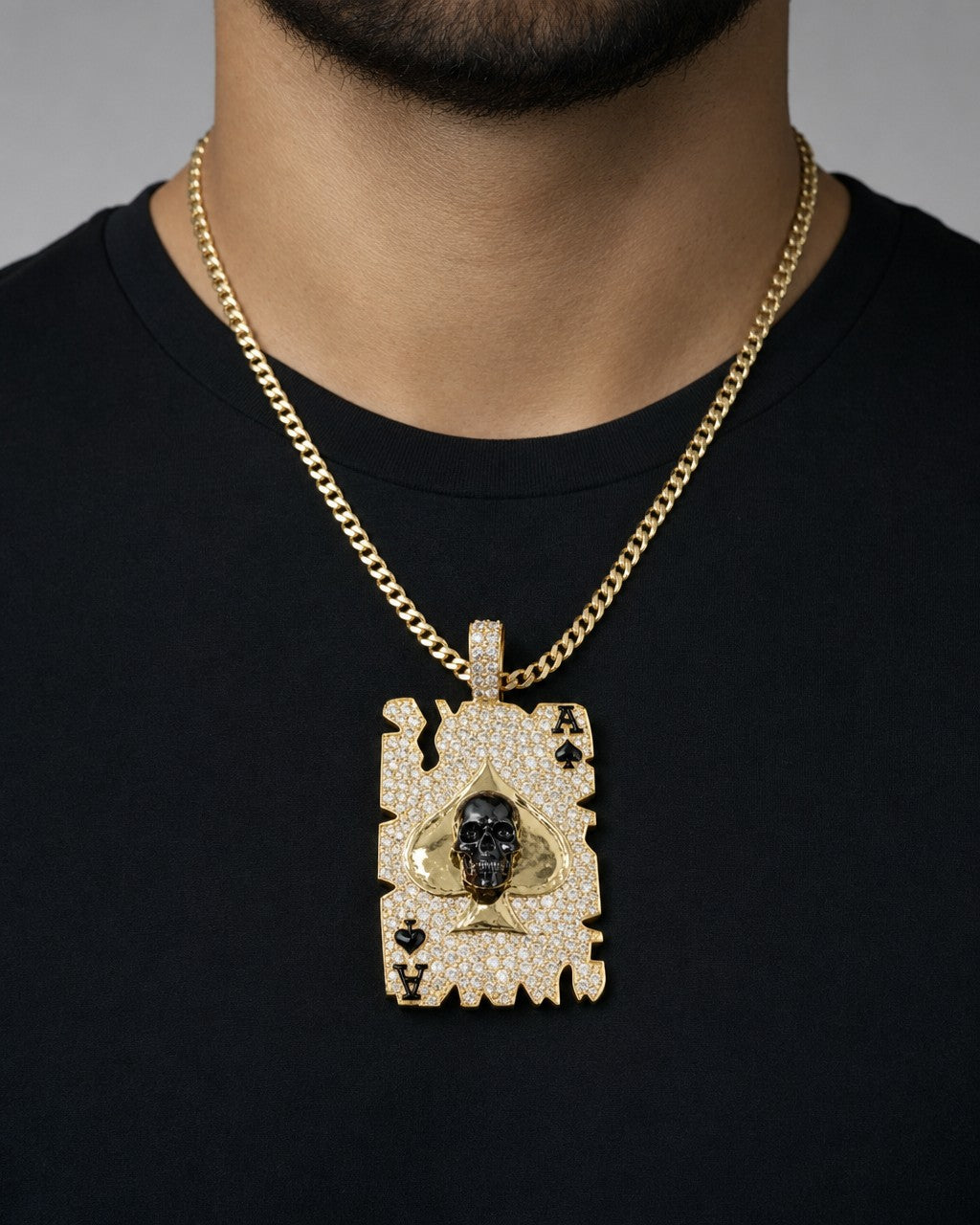 Male model wearing 10K Skull Ace of Spades Card Diamond Pendant