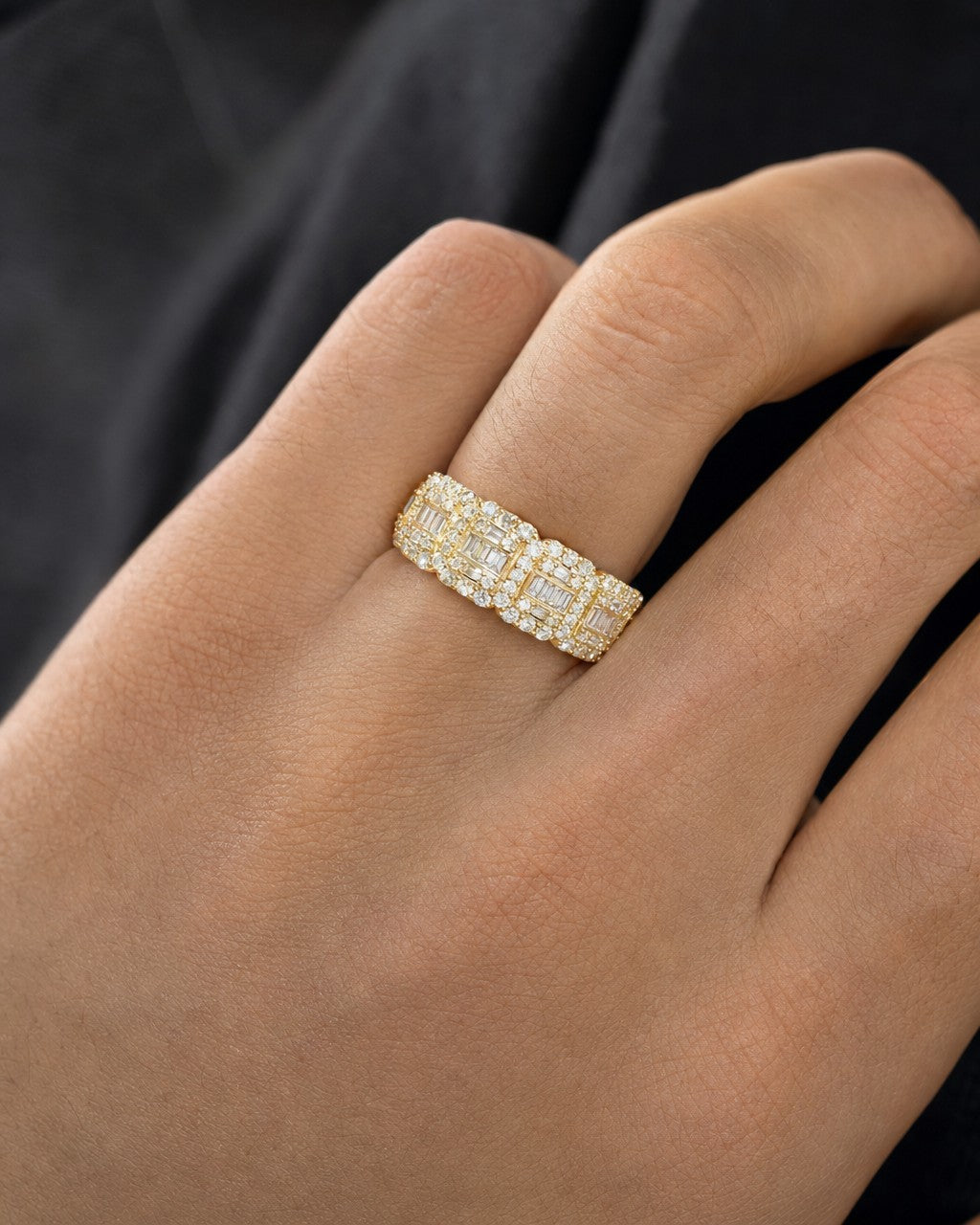 Male model wearing 10K 6.8MM Rectangle Diamond Baguette Ring