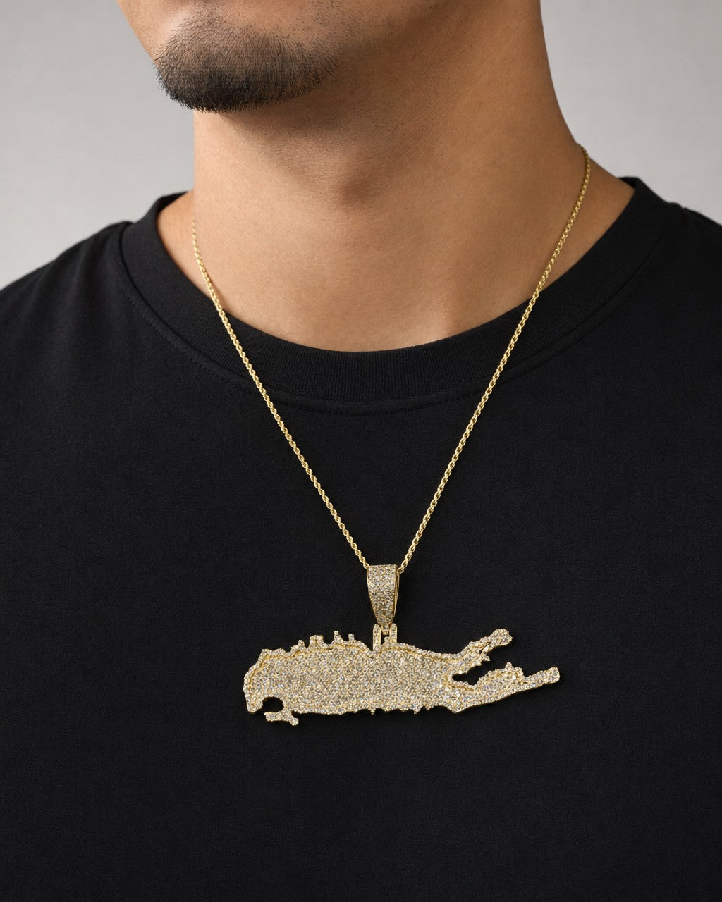 Male model wearing 10K Long Island Diamond Pendant