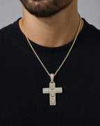 Male model wearing 10K Humble Cross Diamond Baguette Pendant