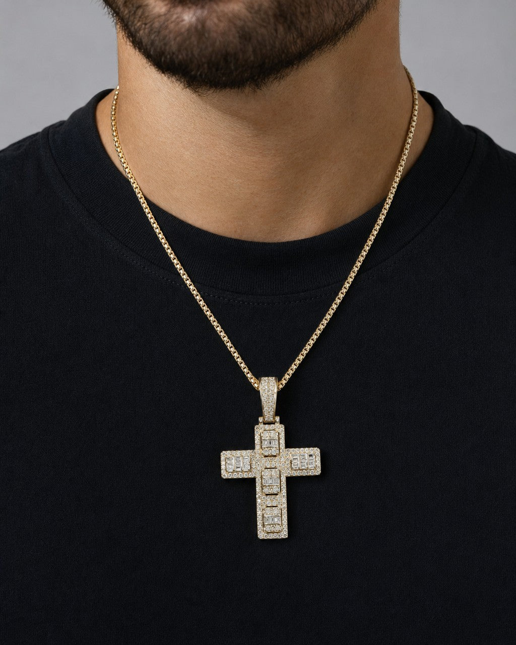 Male model wearing 10K Humble Cross Diamond Baguette Pendant