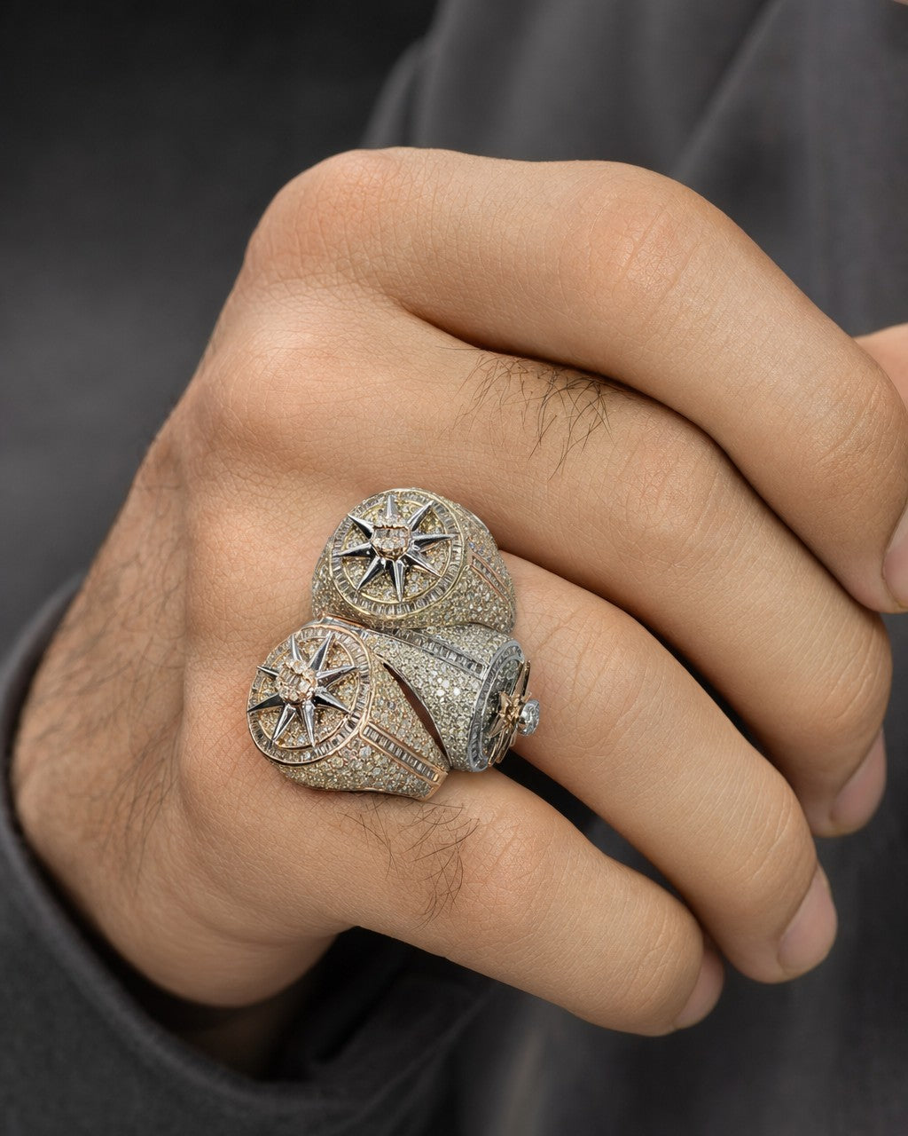 Male model wearing 10K Roulette Spinning Diamond Baguette Ring