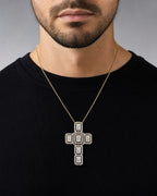 Male model wearing 10K Diamond Baguette Cross Pendant