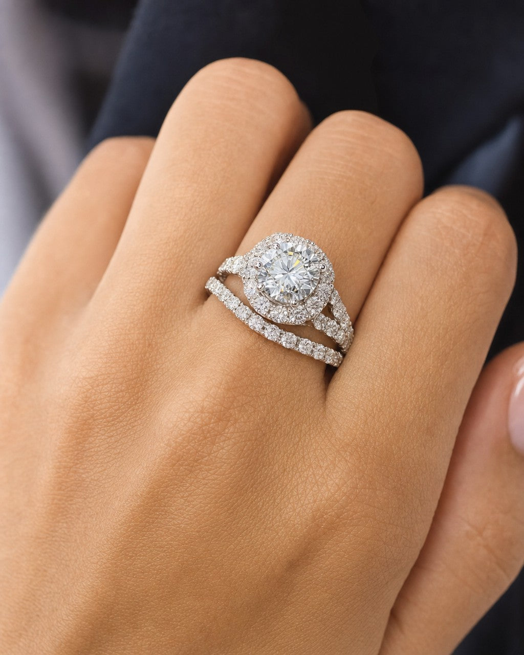 Female model wearing 14K Jocelyn Diamond Engagement Ring