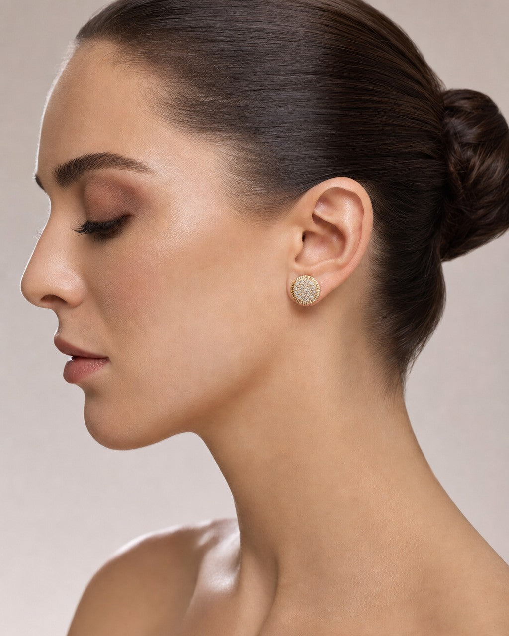 Female model wearing 14K 8MM Circle Diamond Earrings