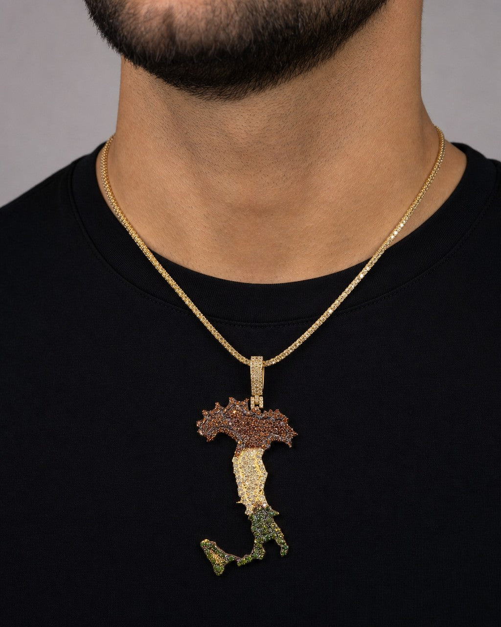 Male model wearing 14K Italy Flag Diamond Pendant