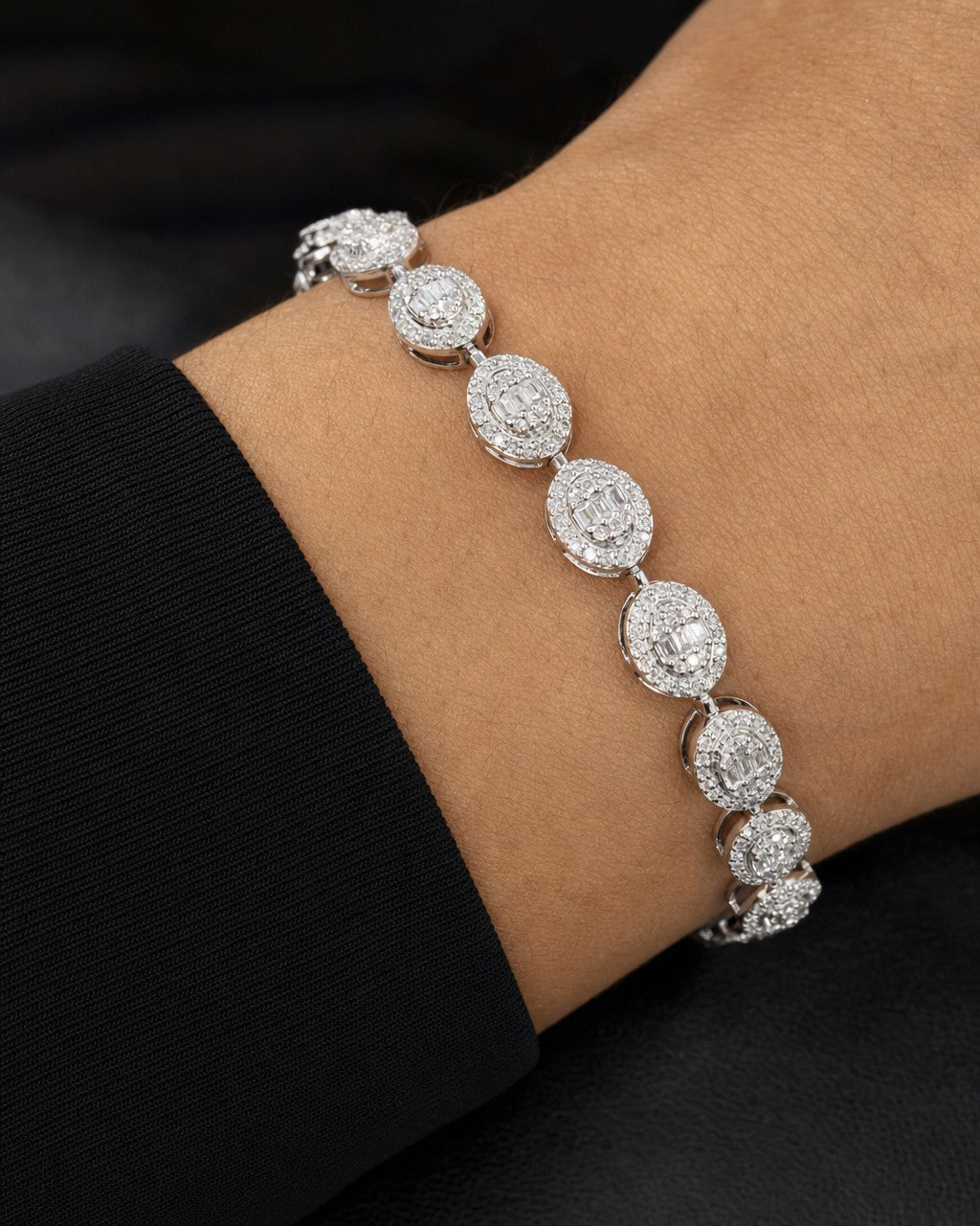 Male model wearing 14K Circle Diamond Baguette Tennis Bracelet 7"