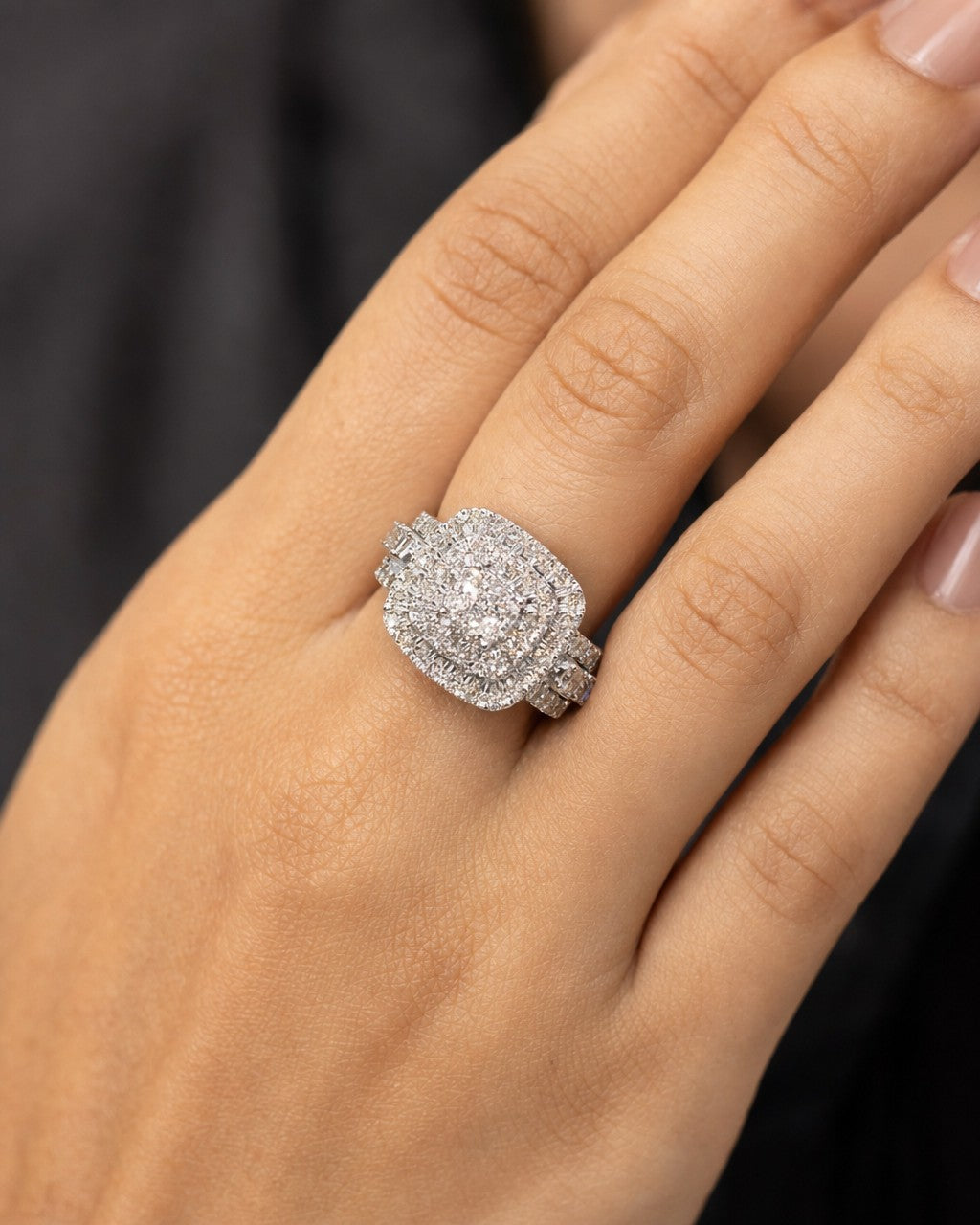 Female model wearing 14K 14.2MM Rounded Square Engagement Ring